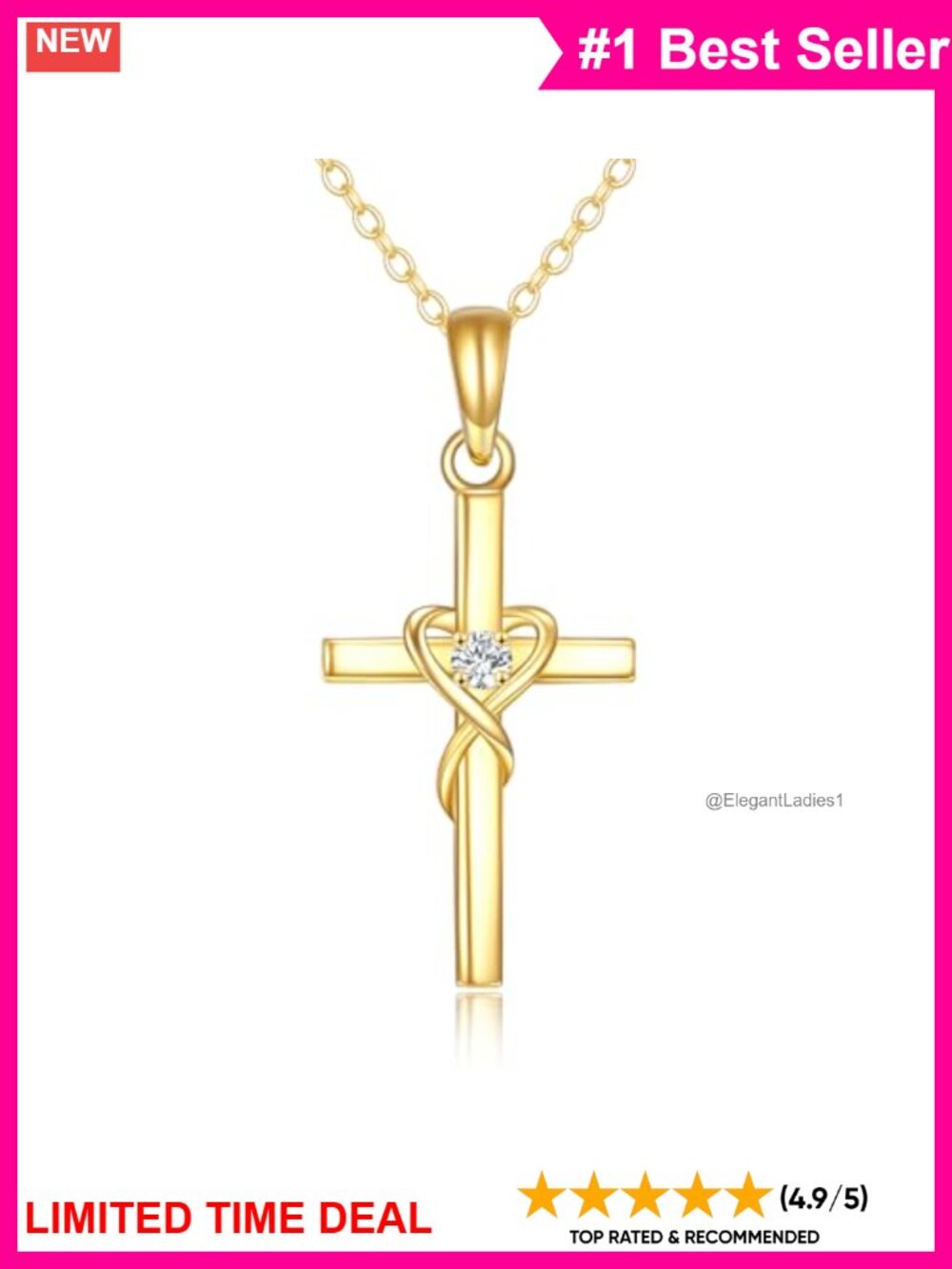 14K Solid Gold Cross Necklace Rolo Chain Moissanite Pendant